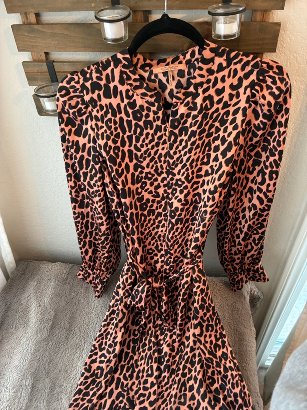 Scotch & Soda XS Animal Print Long Sleeve Tie-Waist Dress - Black & Coral